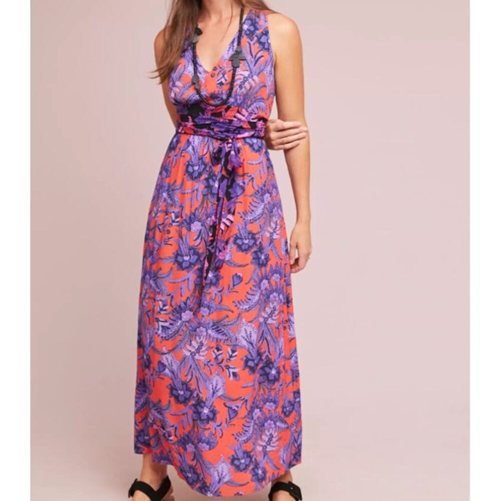 Anthropologie Maeve Macie Floral Maxi Dress Sz 8 Purple Red V-Neck Boho NWT